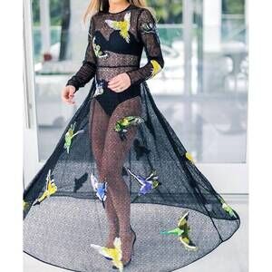NEW ROMANCE WAS BORN fly away budgie long sleeve gown in black